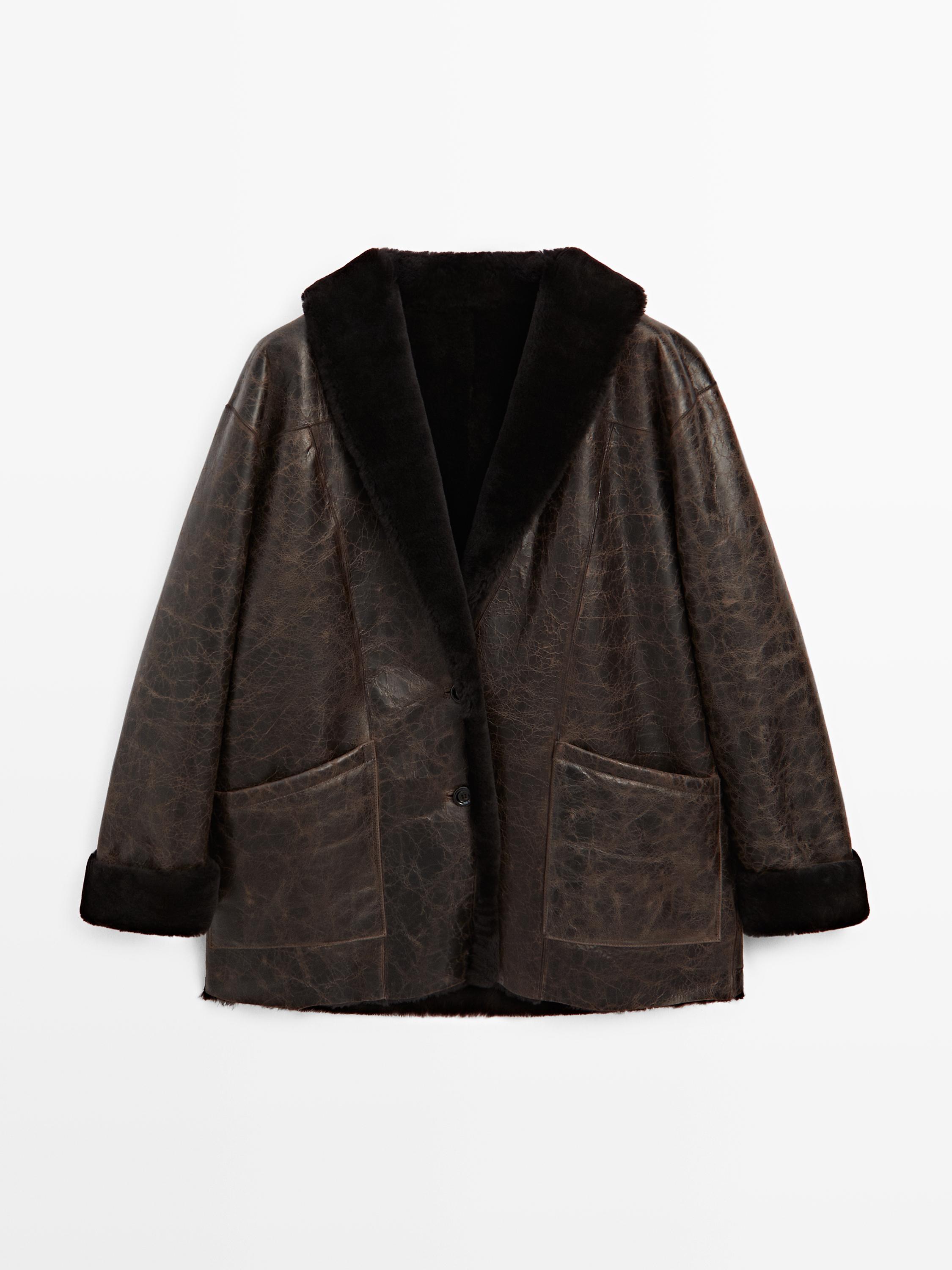 Mouton leather coat with crackled finish
